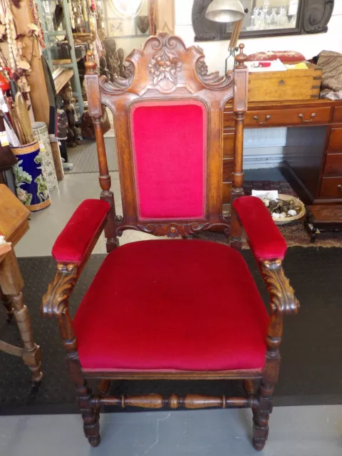 Carved Oak Red Upholstered Throne Chair (Ref 256)