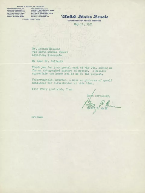 Senator Harry P. Cain Signed Letter