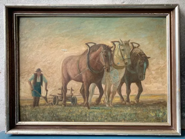 Pintura Al Óleo Granjero Trabajadores Con Caballos en El Campo Firmado 2