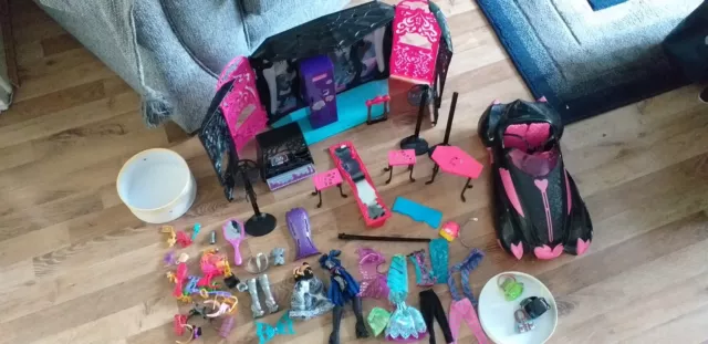 large collection of monster high accessories, furniture,clothes wardrobe and car