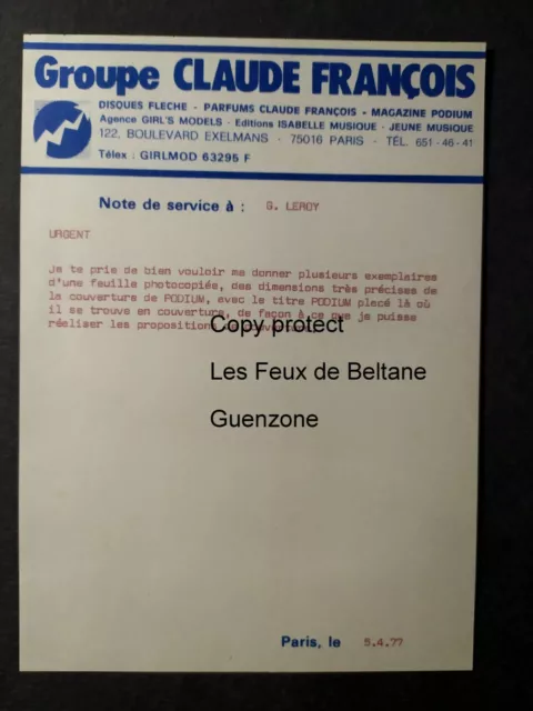 Note de service couverture Podium  CLAUDE FRANCOIS disques FLECHE fac similé