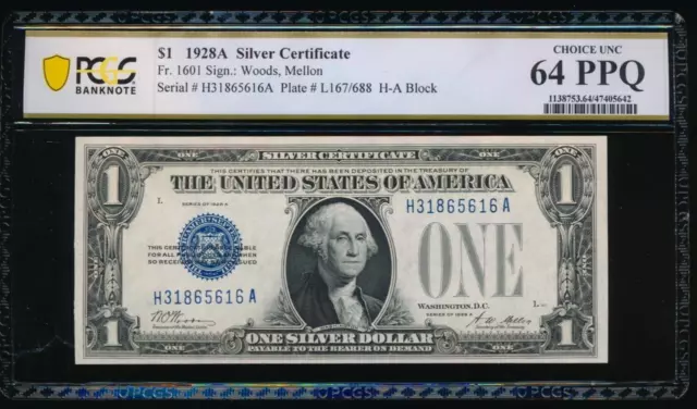 AC 1928A $1 Silver Certificate PCGS 64 PPQ H-A block  Fr 1601