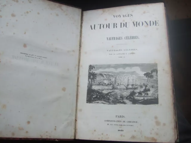 Lot livres ancien, 1844, 1 Volume, Voyages, Naufrages célèbres, 6 gravures