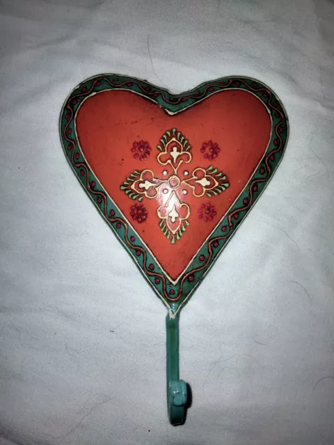 ENAMEL WALL MOUNT HOOK- Beautiful Heart Shaped Metal Hook Red- Multi Colored