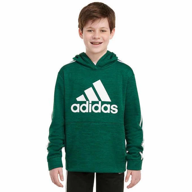 Adidas Boys Girls Hoodie Green Pullover Hoodie Fleece Lined Kangaroo Pocket