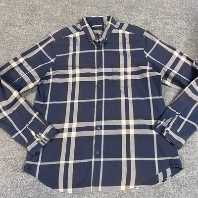 NWT BURBERRY BRIT Navy Blue Henry Trim Fit Cotton Logo Nova Check ...