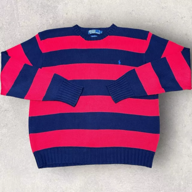 Vtg Polo Ralph Lauren Mens Cable Knit Rugby Striped Crewneck Sweater Large Navy