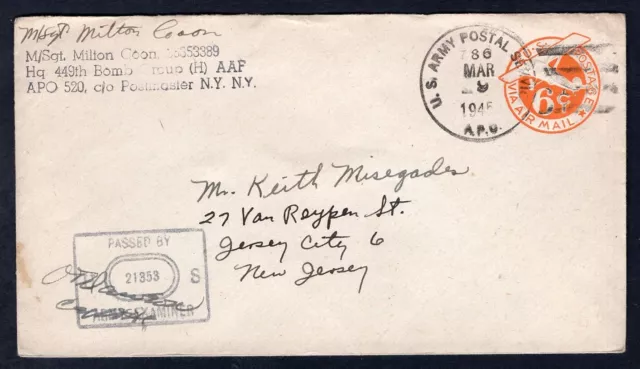 USA WW2 Military 1945 Censored Cover to Jersey City. APO 520 & 786, Italy