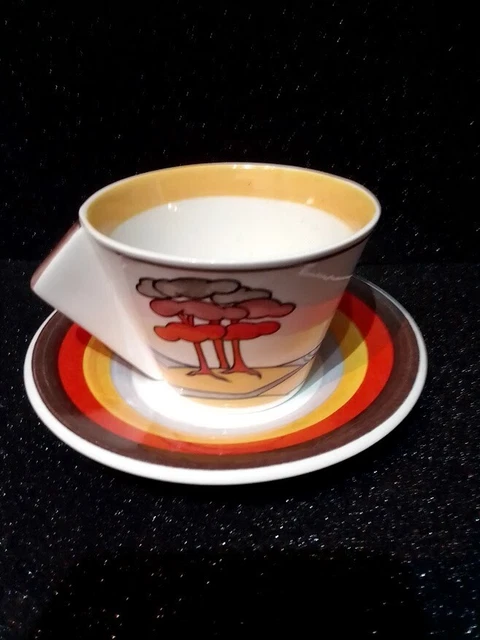 Clarice Cliff Wedgwood Coral Firs Coffee Cup And Saucer.