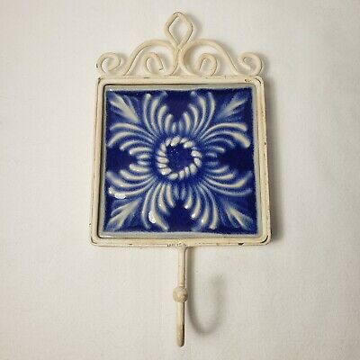 Vintage Ceramic Tile Hanging Hook Metal Frame Shabby Chic White Cream Blue Glaze