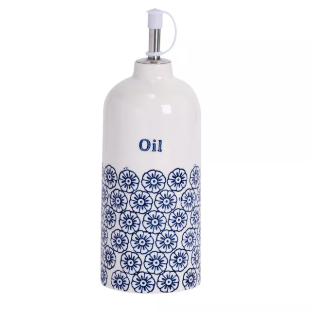 Olive Oil Dispenser Pourer Porcelain Dressing Drizzler Bottle - Blue Flower