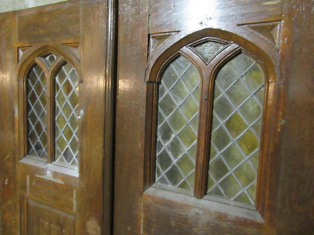 ~ Antique Gothic Oak Double Entrance French Doors With Stained Glass ~ 55 X 84 5