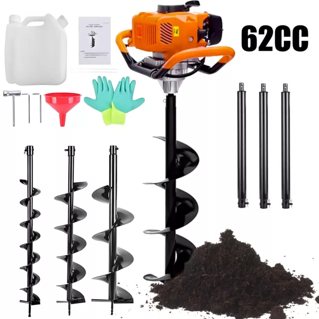 62CC Gas Powered 2.1KW Post Hole Digger W/ 3 Auger Drill Bits (3" 5" & 8")+2 Rod