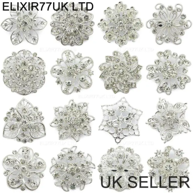 Job Lot Silver Diamante Flower Pin Brooch Wedding Bouquet Bridal Ladies Broaches