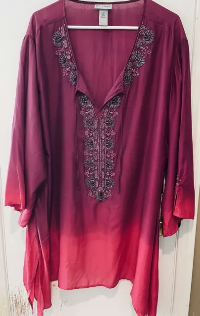 Catherines Plus Size 5X 34/36 Shirt Top Sheer Beaded Artsy Pink Ombre Tunic NWT