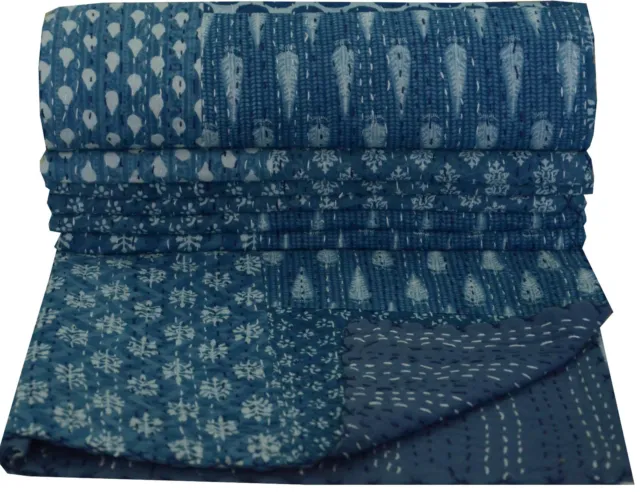 Patchwork Kantha Quilt, Hand Block Print Fabric, Indigo Blue Color, Twin Size