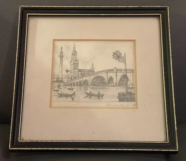 1850’s Pencil Sketch River Thames London Bridge In Hogarth Frame 20x20.5cm