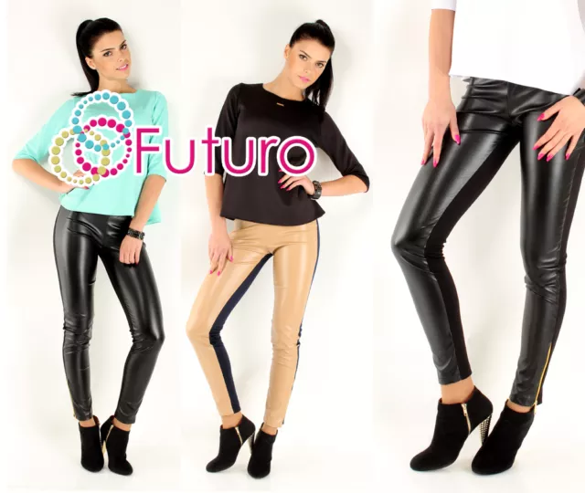 Donna Lucido Skinny Pantaloni Completo Lunghezza Nuovo Leggings Eco Pelle FA260