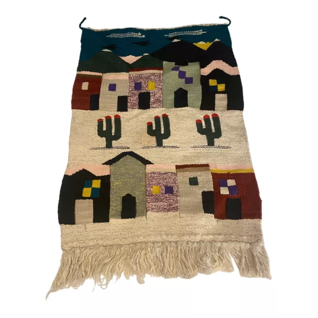 VTG Wool Woven Weaving Southwest Wall Hanging Cactus Desert Village 40”x 25” 3D 3