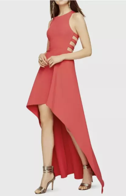 BCBG MAXAZRIA ROSALYN Red Coral CUTOUT HIGH-LOW DRESS Scoop Neck size 6 $338