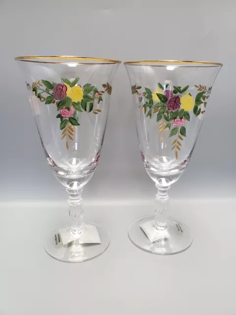 Royal Albert Old Country Roses 2 Hand Painted Stemmed Crystal Water Glasses NWT