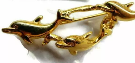 Triple Dolphin 3D Family Ocean Gold Tone Costume Brooch Pin Used