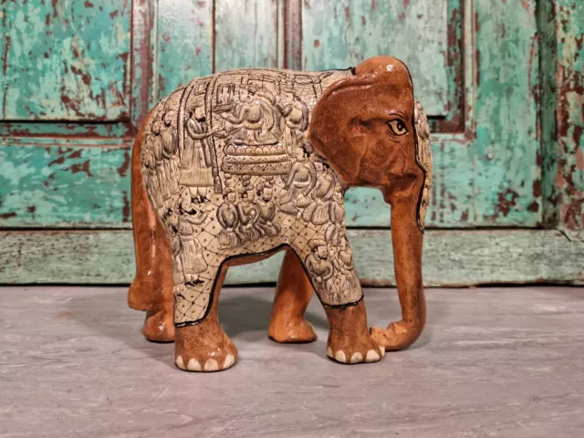 Vintage Hand Carved Solid Wooden Indian Kashmir Hand Painted Elephant Statue