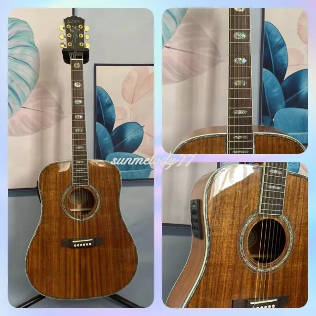 ZUWEI D-45 Full KOA Solid Top Acoustic Electric Guitar Fretboard Abalone Inlay