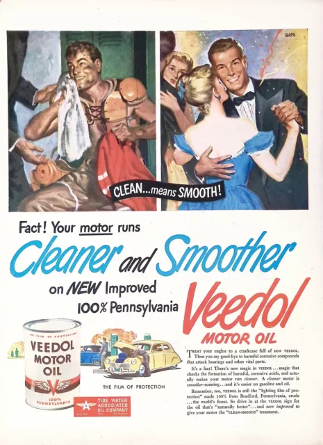 Vintage Print Ad 1947 Veedol Motor Oil Pennsylvania Cleaner Smoother Tide Water