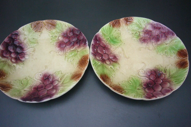 Two Purple Plates  French Majolica  By Orchies 1900 Bunch Of Grapes In Relief
