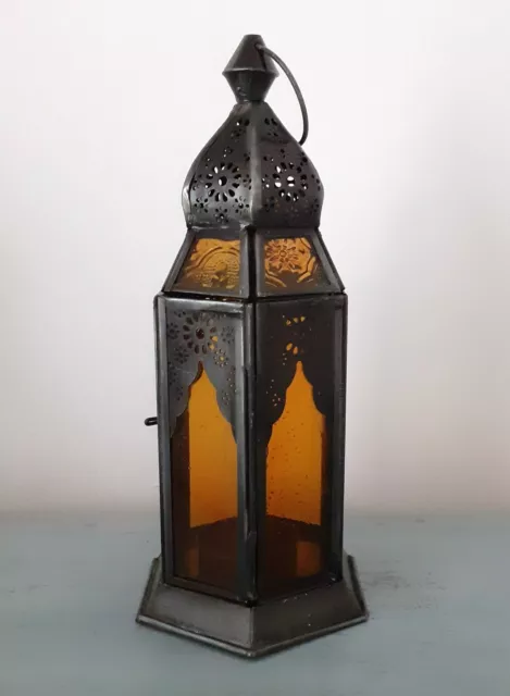 Amber Colour Lantern Metal and Glass Candle Holder 22 cm High Oriental Tea Light 3