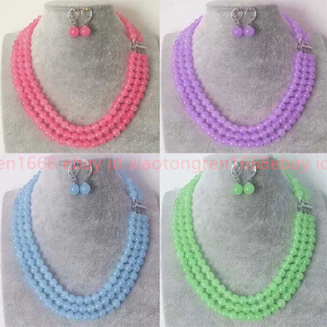 6/8/10/12mm 3 Rows Natural Multicolor Jade Gems Round Beads Necklace Earring Set