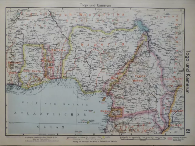 Landkarte Kolonien Ostafrika, Togo und Kamerun, Velhagen & Klasing 1939