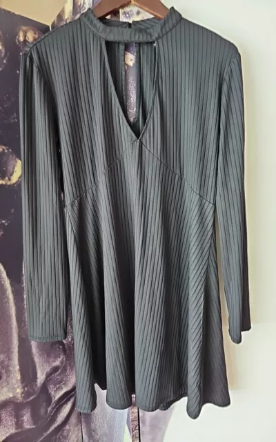 KENDALL & KYLIE Black Texture Striped Keyhole Long Sleeve Dress sz L Stretch 3