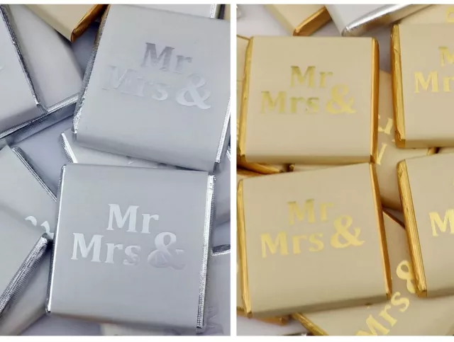 MR & MRS MILK CHOCOLATE NEAPOLITAN'S (SILVER OR GOLD) WEDDING FAVOURS 25 50 100s