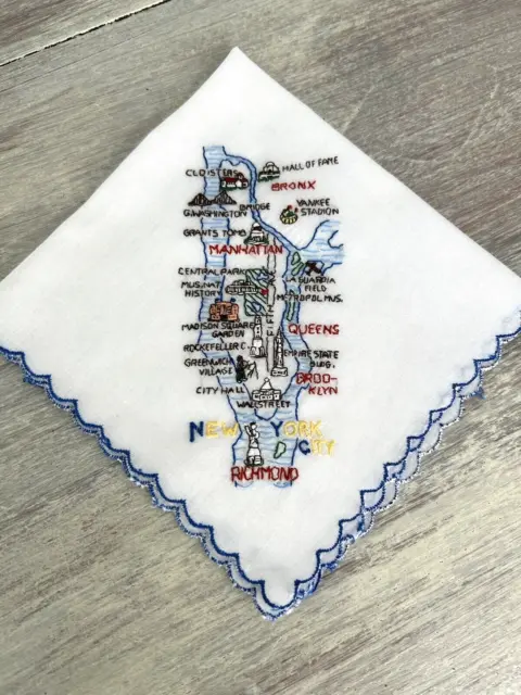 Vtg New York City Handkerchief Hankie Embroidered Map Souvenir