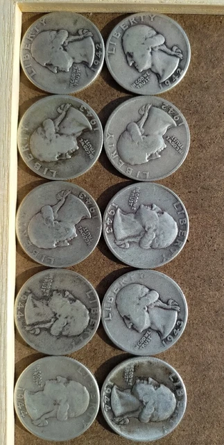 Washington Quarters Lot of 10 coins 1942 1943 and 1944 dates 90% Silver