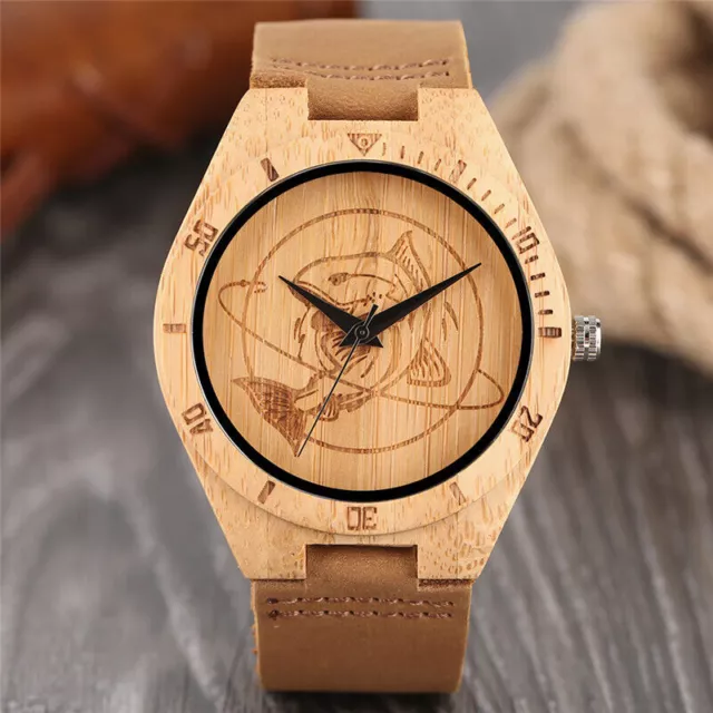 Casual Engraved Fish Dial Wooden Quartz Wrist Watch for Men Leather Strap Gift