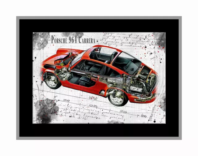 Line Tech Drawing Porsche 964 Carrera  Cutaway Art Poster Print