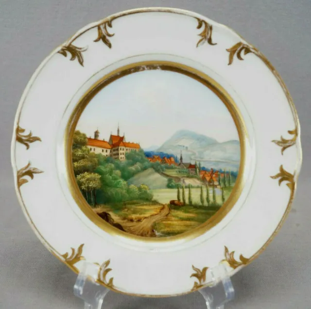 Gotha German Hand Painted Iburg Topographic & Gold 7 7/8 Inch Plate C. 1860-1883