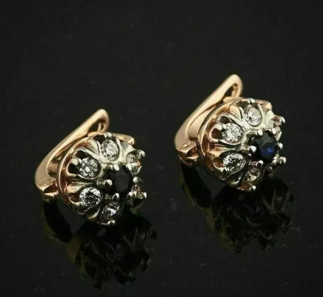 Vintage Style White Diamond & 2.1Ct Sapphire Studs Earrings 14K Rose Gold Finish