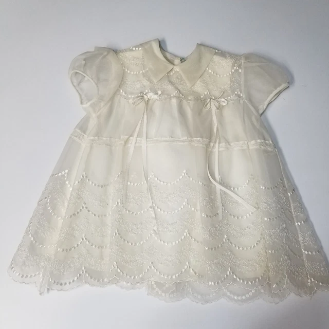 Vintage Carol Joy Baptism 6-12 Month Dress Gown Cream Embroidered Organza & Lace