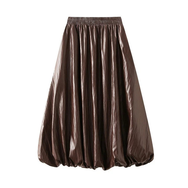 Jupe midi plissée en simili cuir marron pour femme