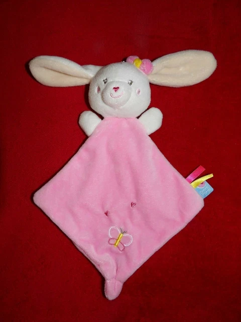 Doudou Plat Sucre d'Orge Lapin  Blanc Rose Brodé Coeur et Papillon Neuf