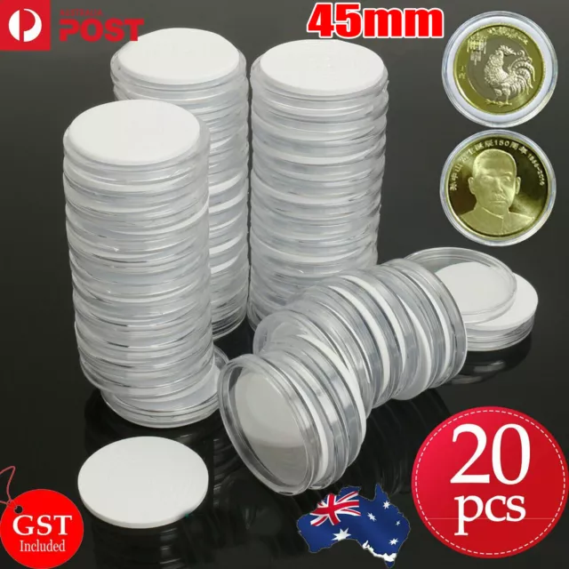 20X 45mm Plastic Coin Display Case EVA Inserts Capsules Holder Storage Box Clear