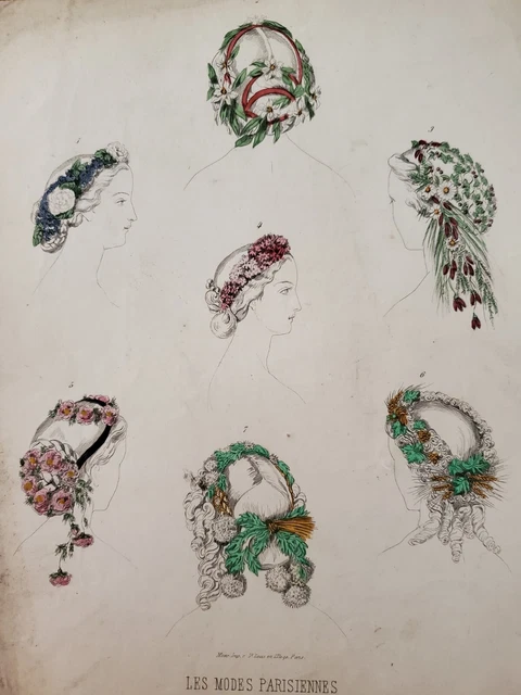 Fashion engraving Parisian fashion 19th century hairstyle of Mrs. Tilman flowers