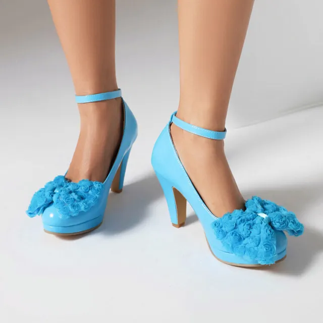Womens Plus Size Bowtie Mary Jane Block Heel Ankle Strap Party Dress Pumps Shoes