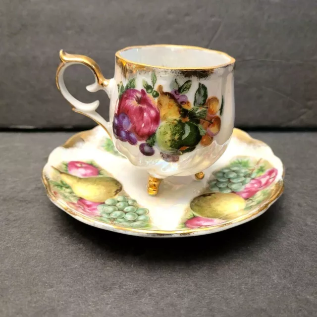 Shafford Demitasse Footed Cup and Saucer Fruits Gold Trim Lusterware Maso Japan