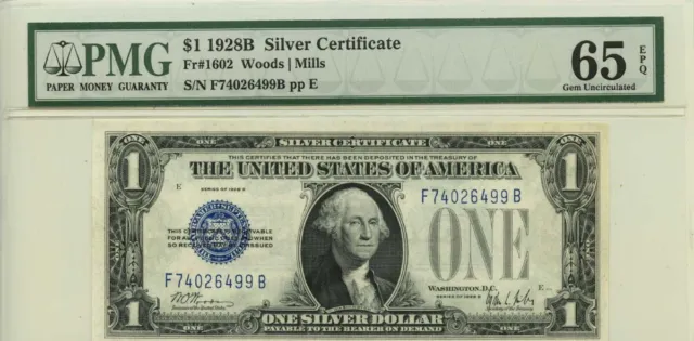 1928B $1 Silver Certificate Blue Seal Fr# 1602 PMG 65 EPQ