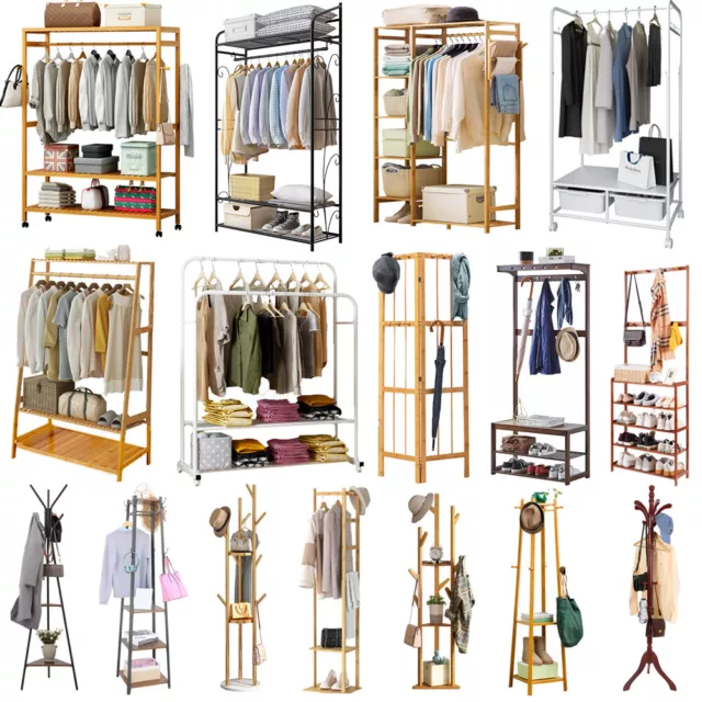 Strong Heavy Clothes Rail Wooden Metal Coat Hook Wardrobe Hanging Display Stand